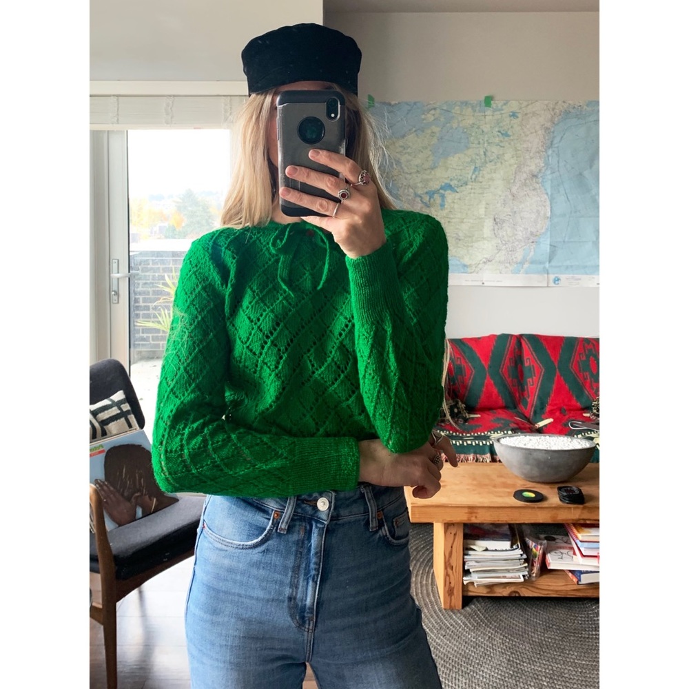 Vintage Green Knit Crochet Sweater Pullover Jumper - Picture 4 of 10